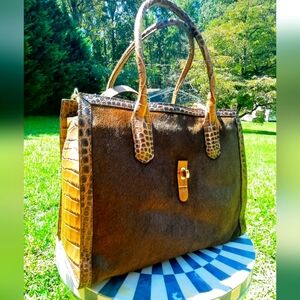 Cavalcanti Made in Italy Black & Brown Croc Embossed Leather & Calf Hair Satchel